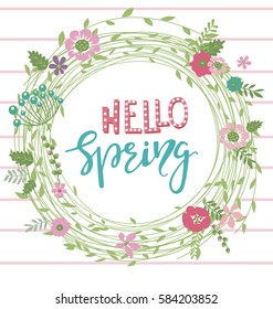 Hello spring card with floral wreath. Vector illustration