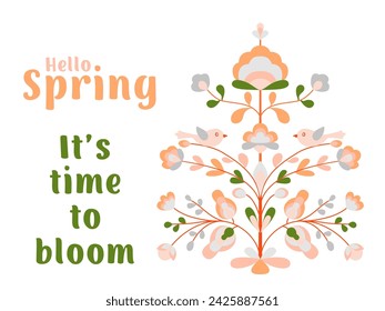 Hello spring card with flowers and birds on tree of life. Blooming sakura tree, chickadee bird, spring flowers. Ethnic style floral zoomorphic ornament. Abstract spring blossom on sprout.