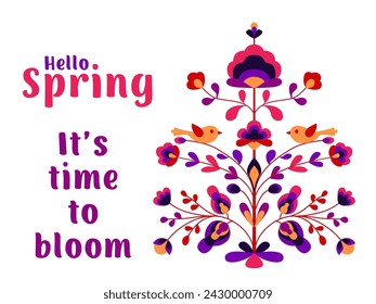 Hello spring card with flowers and birds on tree of life. Blooming cherry tree, starling bird, spring flowers. Folk style floral zoomorphic ornament. Abstract spring blossom on branches.