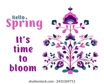 Hello spring card with flowers and birds on tree of life. Blooming sakura tree, chickadee bird, spring flowers. Folk style floral zoomorphic ornament. Abstract spring blossom on twigs.