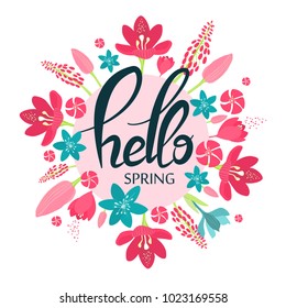 Hello spring card with flowers and decoration.