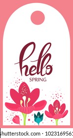 Hello spring card with flowers and decoration.