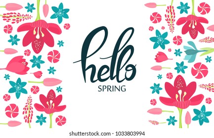 Hello spring card with flowers and decoration.