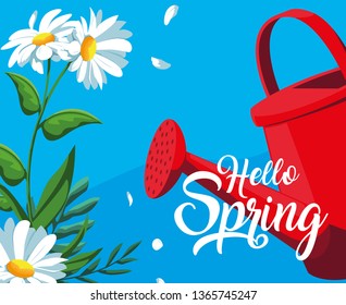 hello spring card with flowers and sprinkler plastic pot
