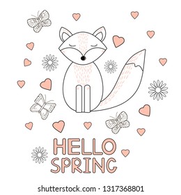 Hello spring card, fox, hearts, butterflies and flowers. Vector illustration.