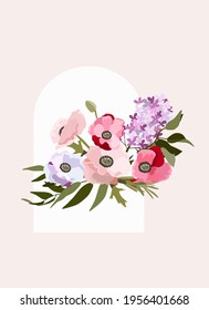 Hello spring card. Hand drawn boho lilac plants, shapes. Modern floral vector illustration, poster, mood board, wall art poster, fashion.