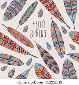 Hello spring card. Hand drawn vector illustration with colorful feathers. Pattern with hand drawn 