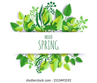 Hello Spring card hand lettering typography, vector illustration in paper art craft style. Beautiful paper cut spring composition with green foliage and cat silhouette.