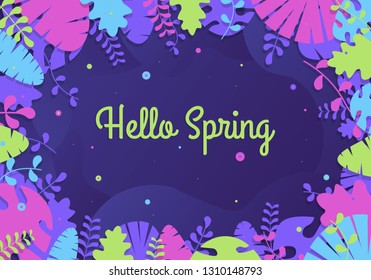 Hello Spring card with handwritten phrase, holiday poster. Decorative tropical jungle background. Background with copy space for text plants, leaves.