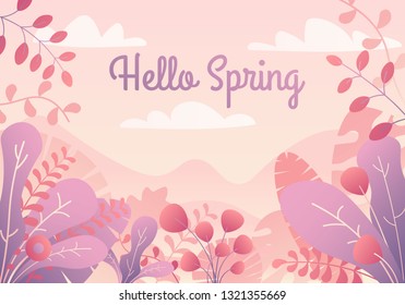 Hello Spring card with handwritten phrase, holiday poster. Decorative tropical jungle background. Background with copy space for text plants, leaves.