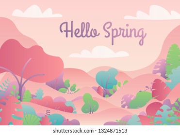 Hello Spring card with handwritten phrase, holiday poster. Decorative tropical jungle background. Background with copy space for text plants, leaves.