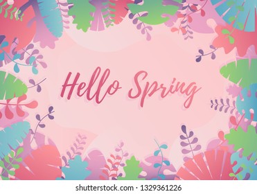 Hello Spring card with handwritten phrase, holiday poster. Decorative tropical jungle background. Background with copy space for text plants, leaves.