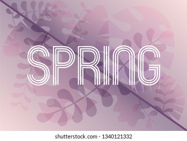 Hello Spring card with handwritten phrase, holiday poster. Decorative tropical jungle background. Background with copy space for text plants, leaves.