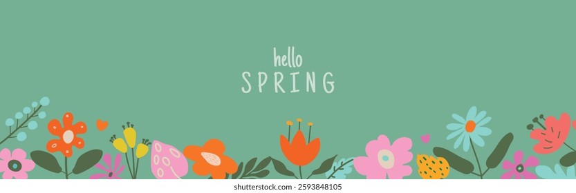 Hello Spring' card or horizontal poster for spring holidays featuring wildflowers. A cute floral frame on a soft green background. Hand-drawn vector template for birthdays, Easter, or Mother's Day 