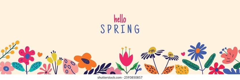 Hello Spring' card or horizontal poster for spring holidays featuring wildflowers. A cute floral frame on a light background. Hand-drawn vector template for birthdays, Easter, or Mother's Day 