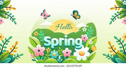 Hello Spring card or horizontal poster for spring holidays with flowers, butterflies and sunshine. Hand drawn Floral art template for Easter, birthday or Mothers Day decor