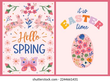 Hello spring card illustration with   elements like easter egg, bunny, butterfly and florals. Perfect for cards, wall art, invitation etc. 