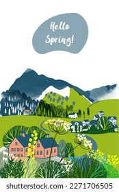 Hello spring card. Spring landscape with small village 