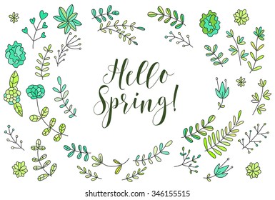 Hello Spring card, lettering text.Summer pattern. Vector floral set. Graphic collection with leaves and flowers, drawing elements. Spring or summer design for invitation, wedding or greeting cards