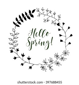 Hello Spring card, lettering text.Summer pattern. Vector floral set. Graphic collection with leaves and flowers.