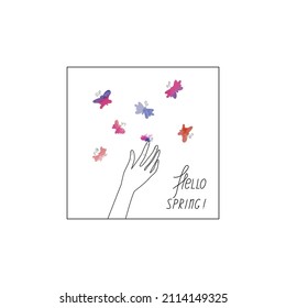 Hello spring card, print or poster. Human palm with butterflys. Cute and friendly illustration. Clean and minimalist  Vector icon for logo or brand. Line style design.