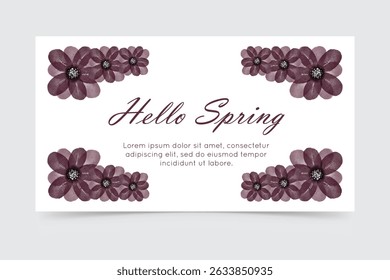 Hello Spring card with purple floral frame on white background