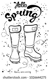 Hello spring card with rubber boots. Vector outline illustration with lettering inscription
