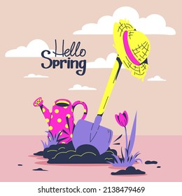 Hello spring card - a shovel, a straw hat and a watering can with flowers and inscriptions. Hand-drawn flat cartoon elements. Vector illustration.