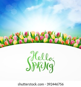 Hello spring card, sun over clouds with flowers, vector illustration