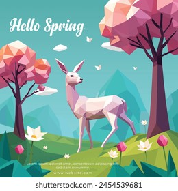 Hello spring card template with low poly deer with flowers and nature geometric polygonal style vector illustration