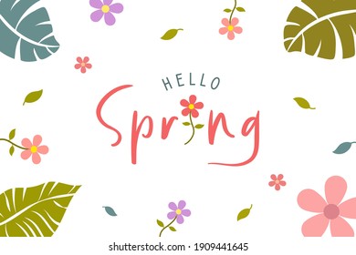 Hello Spring Card. Trendy Handwritten Spring Calligraphy Lettering with Flowers and Leaves Decorative Ornament. Flat Vector Illustration Design Template Element for Banners, Posters and Greeting Cards