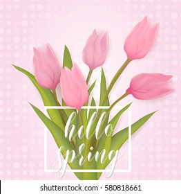 Hello spring card with tulip flowers. With typography greeting message. Vector illustration.