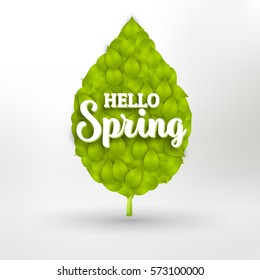 Hello Spring Card - Typographic Design - Lots of Small Leaves Forming a big one