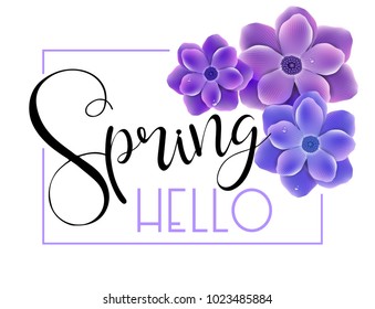 Hello spring card with ultra violet flowers. Trendy season discount banner design for promotions, boutique, advertising and online shop.