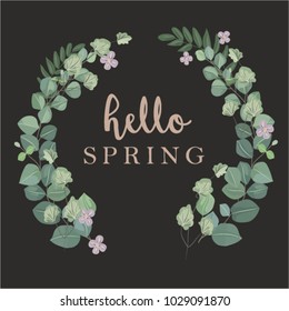 Hello spring card vector template. A greeting illustration design with a eucalyptus wreath for easter or spring.