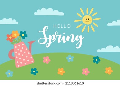Hello spring card with watering can and flowers, sun and clouds. Spring nature vector illustration