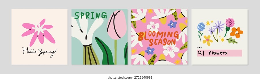 Hola Diseño de tarjetas de primavera con Elementos botánicos, flores silvestres, tipografía elegante. Conjunto de fondo floral con flores abstractas. Tema de la temporada floreciente. Ilustración plana de Vector