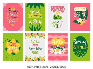 Hello spring cards. Springtime season banners or flyers collection with handwritten positive phrases. Decorative posters, neoteric vector templates