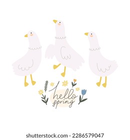 hello spring. Cartoon birds, flowers,  hand drawing lettering. colorful spring vector illustration, flat style. design for print, greeting card, poster decoration, cover
