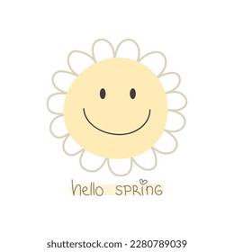 hello spring. Cartoon flower, hand drawing lettering. retro style, vector illustration. design for print, greeting card, poster decoration, cover