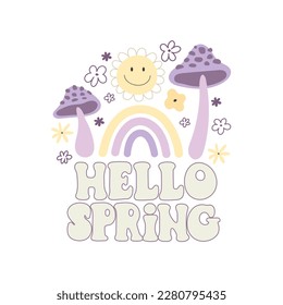 Hallo Frühling! Cartoon Blume, Pilze, handgezeichnete Schrift. bunter Frühling, Vektorgrafik, Retro-Stil. Design für Druck, Grußkarte, Plakatdekoration, Abdeckung
