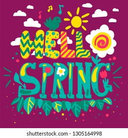 Hello spring cartoon lettering