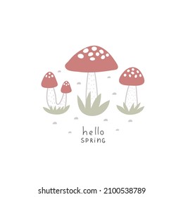 hello spring. Cartoon mushroom, hand drawing lettering. colorful vector illustration. design for print, greeting card, poster decoration, cover