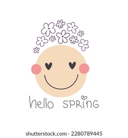 hello spring. Cartoon peace sign, flower, hand drawing lettering. retro style, vector illustration.. design for print, greeting card, poster decoration, cover