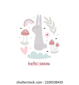 hello spring. Cartoon rabbit, mushroom, hand drawing lettering, decoration elements. colorful spring vector illustration, flat style. design for print, greeting card, poster decoration, cover