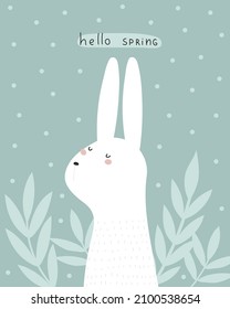 hola primavera. Conejo de dibujos animados, ramita, letras de dibujos a mano, elementos decorativos. ilustración vectorial de resorte colorida, estilo plano. diseño para impresión, tarjeta de saludo, decoración de afiches, cubierta