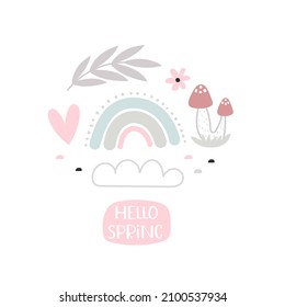 hello spring. Cartoon rainbow, flowers, hand drawing lettering, decoration elements. colorful spring vector illustration, flat style. design for print, greeting card, poster decoration, cover