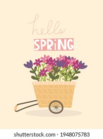 hello spring. Cartoon truck, flowers, hand drawing lettering, decoration elements. colorful spring vector illustration, flat style. design for print, greeting card, poster decoration, cover