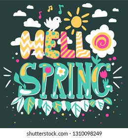 Hello spring cartoon vector lettering