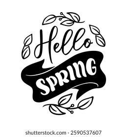 Hello spring, charming vector illustration featuring lettering, beautifully accented with graceful plant branches and delicate blooms.